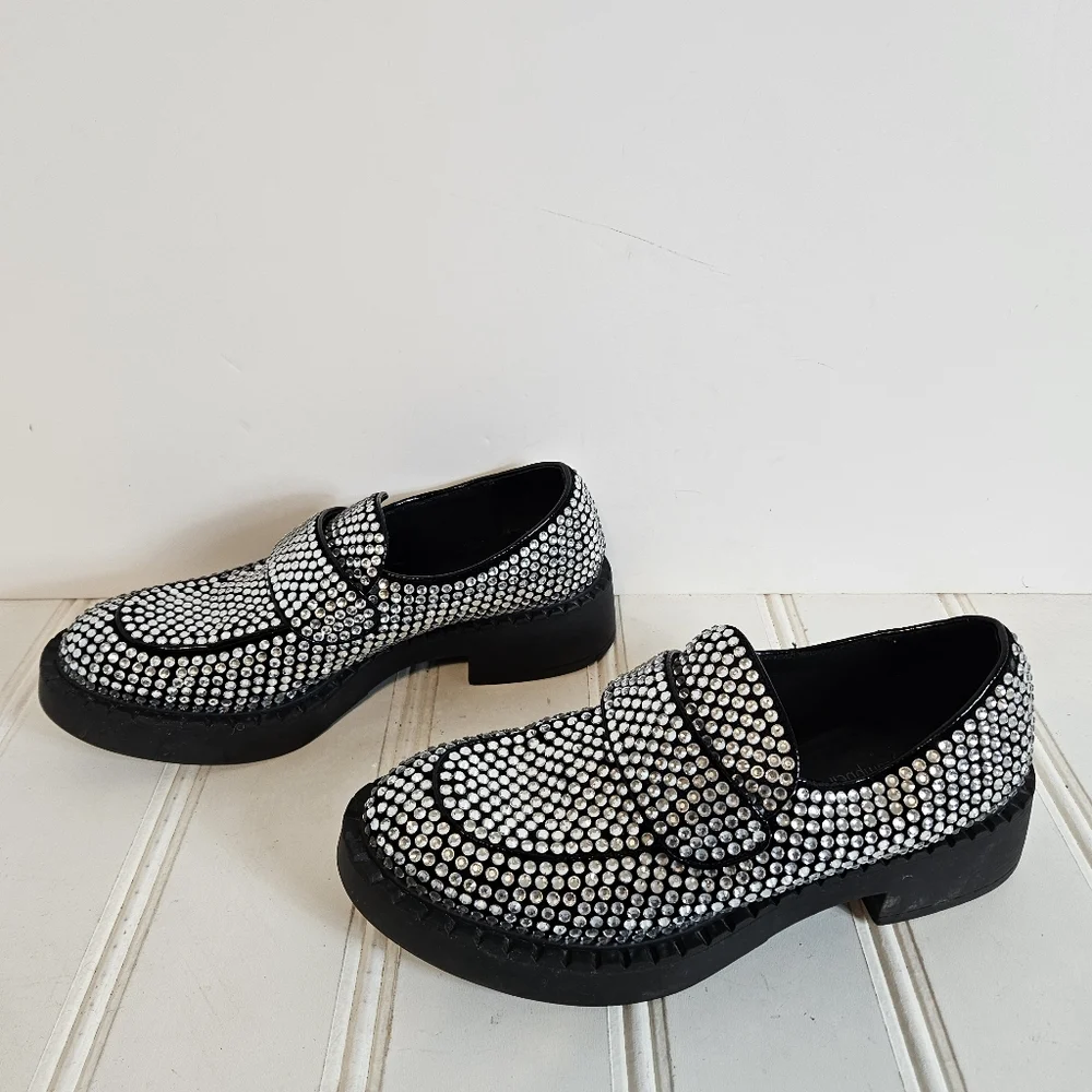 Jeffrey Campbell Library Loafers 9.5 Platform Rhinestone Chunky Heel Black
